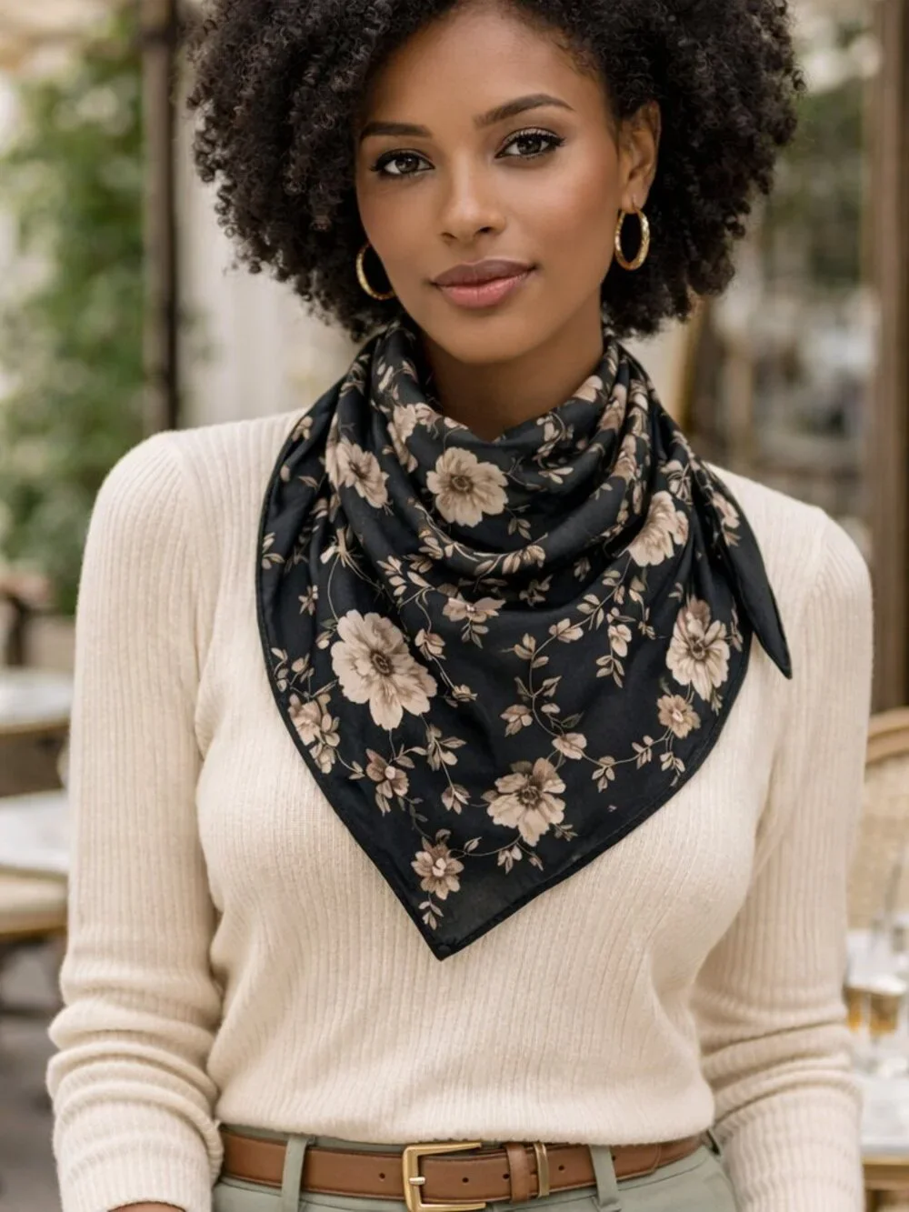 Vintage Black Floral Square Scarf | Ivory Botanical Print | Timeless Classic Ele